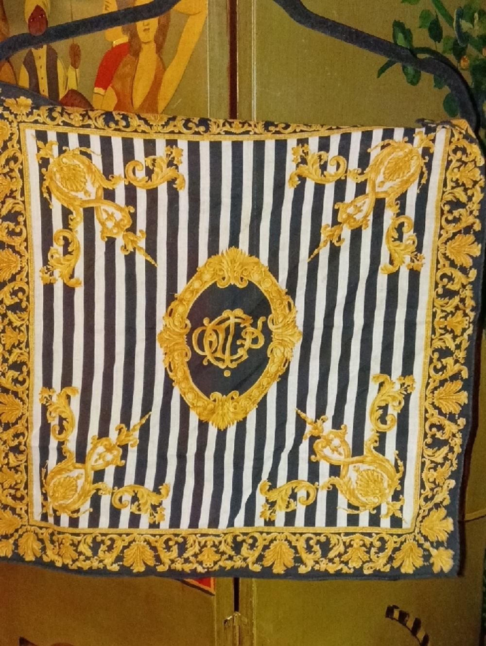 Vintage Baroque Style Christian Dior Black & White Striped Gold Medallion Scarf